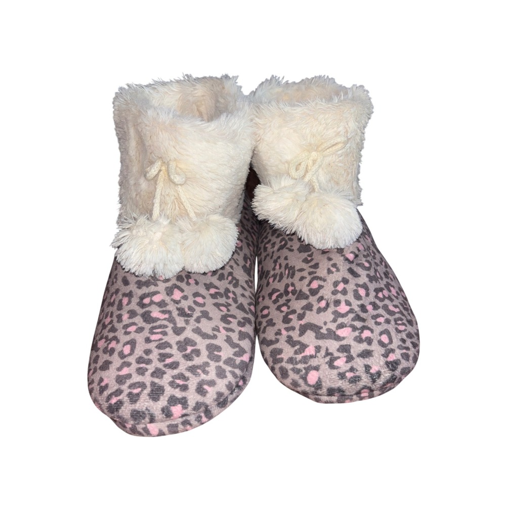 Cuddl Duds Slipper Boots Womens M 7-8 Grey Pink Leopard Faux Fur Pom Poms